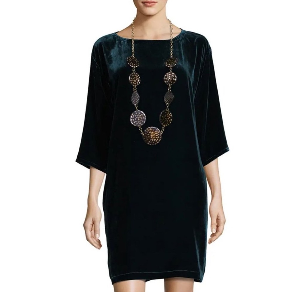 EILEEN FISHER Teal Velvet 3/4 Sleeve Bateau Neck Short Shift Dress 2X Women's
